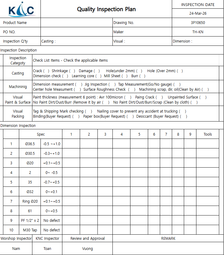 Quality Inspection Plan